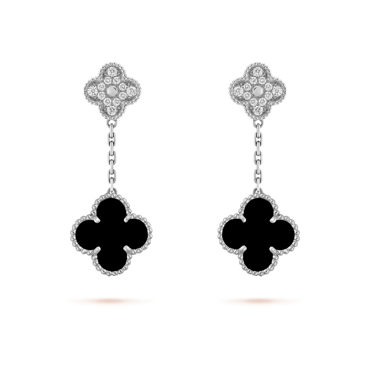 [Sophire Jewelry ]CLOVER 2 MOTIFS  DIAMOND ONYX EARRINGS SILVER