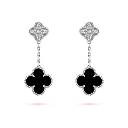 [Sophire Jewelry ]CLOVER 2 MOTIFS  DIAMOND ONYX EARRINGS SILVER
