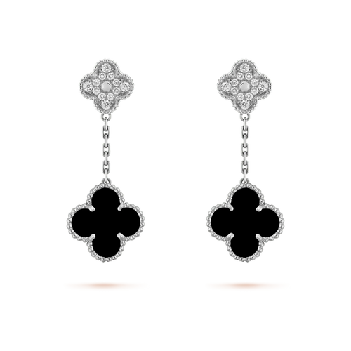[Sophire Jewelry ]CLOVER 2 MOTIFS  DIAMOND ONYX EARRINGS SILVER