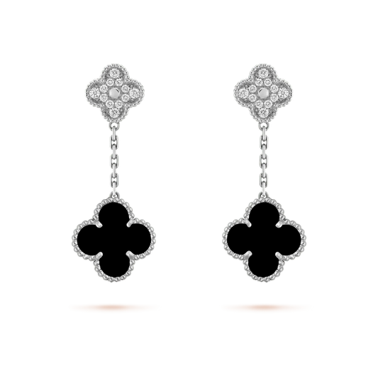 [Sophire Jewelry ]CLOVER 2 MOTIFS  DIAMOND ONYX EARRINGS SILVER