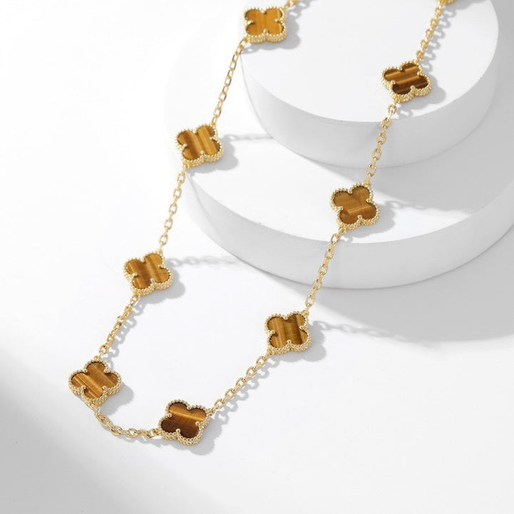 [Sophire Jewelry ]CLOVER 10 MOTIFS TIGER EYE NECKLACE