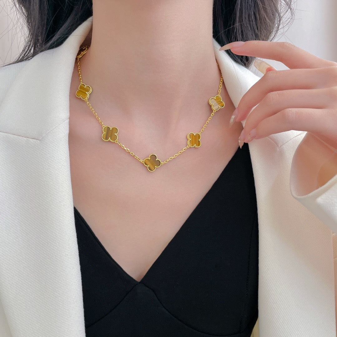 [Sophire Jewelry ]CLOVER 10 MOTIFS TIGER EYE NECKLACE