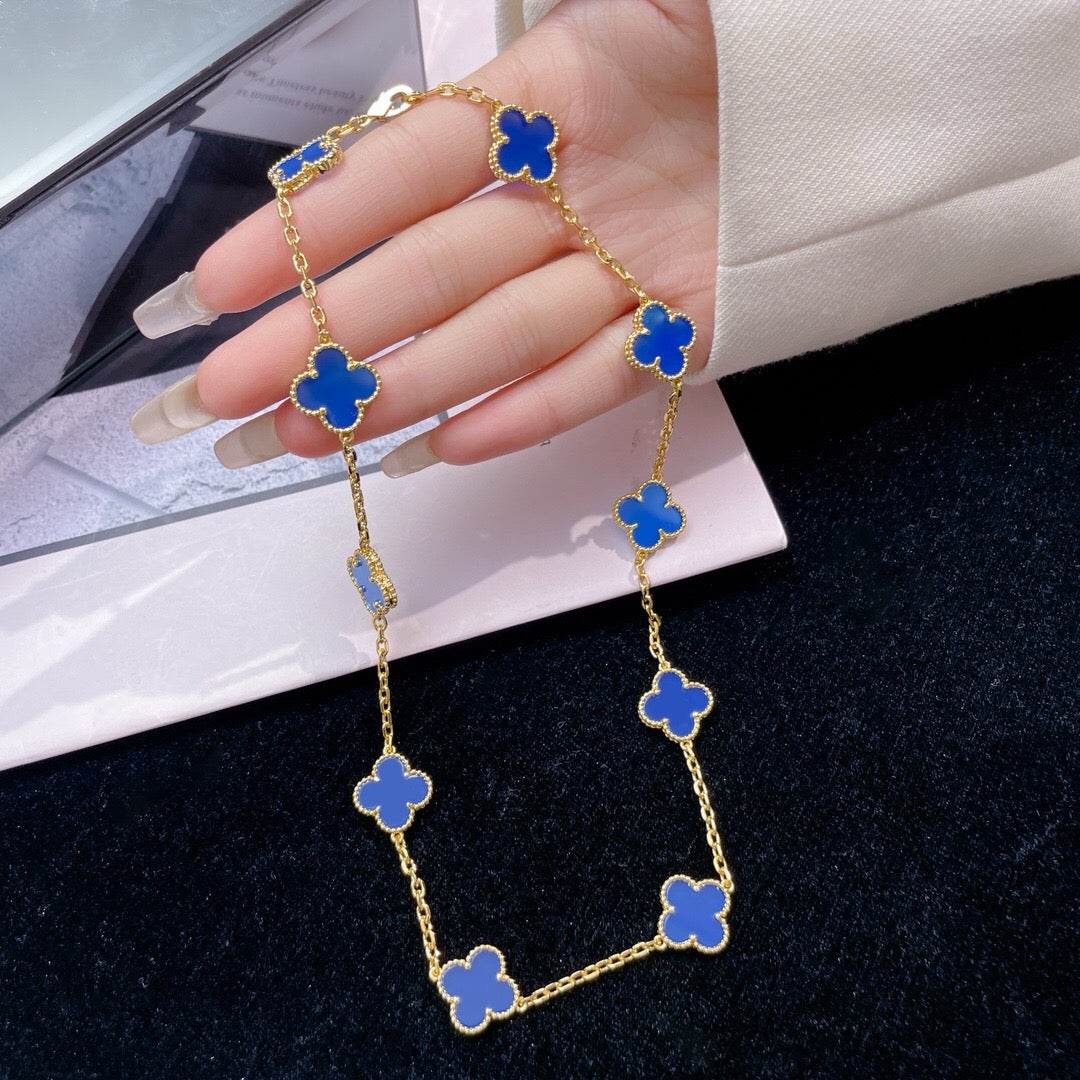 [Sophire Jewelry ]CLOVER 10 MOTIFS BLUE AGATE NECKLACE