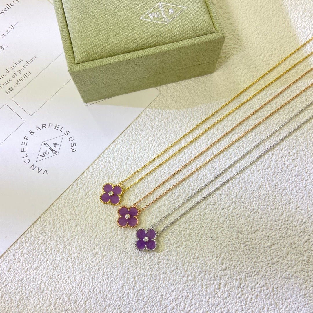 [Sophire Jewelry ]CLOVER 15MM DIAMOND  PURPLE VIOLET NECKLACE