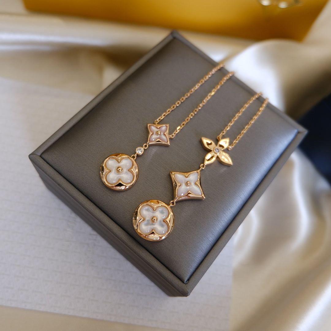 [Sophire Jewelry ]COLOR BLOSSOM LARIAT NECKLACE PINK GOLD WHITE MOTHER PEARL AND DIAMOND
