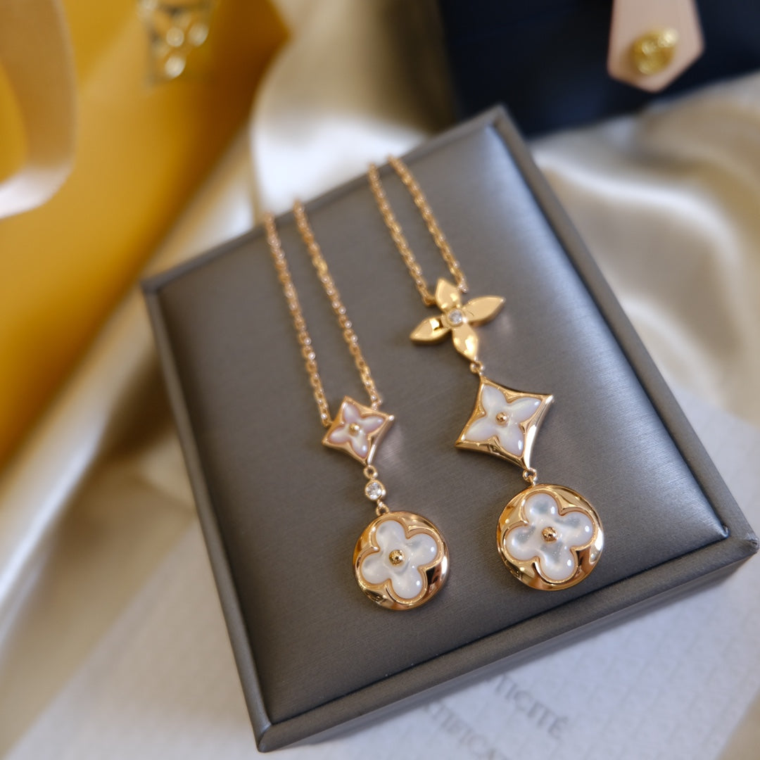 [Sophire Jewelry ]COLOR BLOSSOM LARIAT NECKLACE PINK GOLD WHITE MOTHER PEARL AND DIAMOND