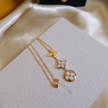 [Sophire Jewelry ]COLOR BLOSSOM LARIAT NECKLACE PINK GOLD WHITE MOTHER PEARL AND DIAMOND
