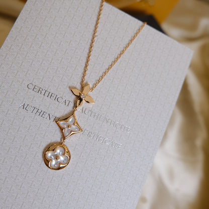 [Sophire Jewelry ]COLOR BLOSSOM LARIAT NECKLACE PINK GOLD WHITE MOTHER PEARL AND DIAMOND