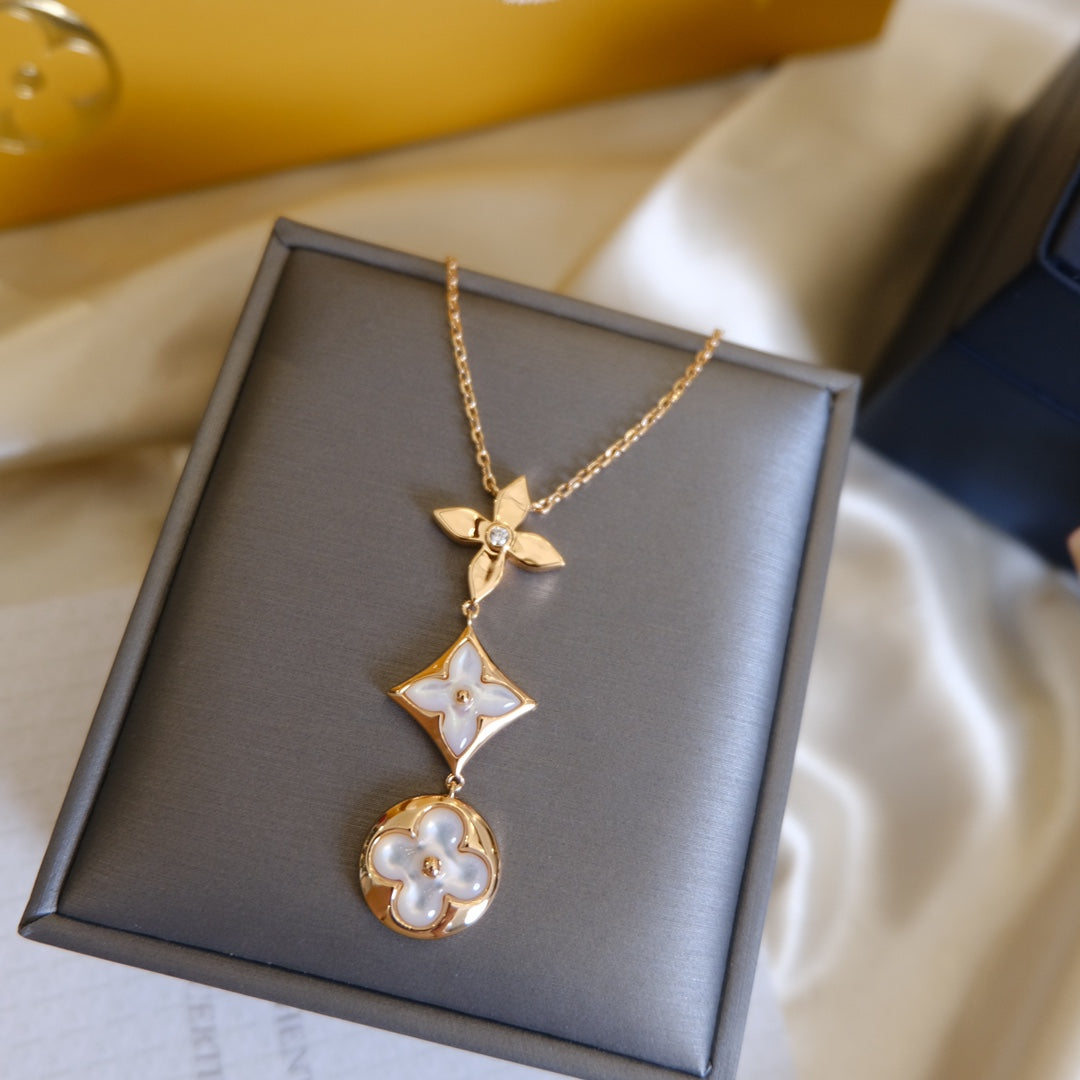 [Sophire Jewelry ]COLOR BLOSSOM LARIAT NECKLACE PINK GOLD WHITE MOTHER PEARL AND DIAMOND
