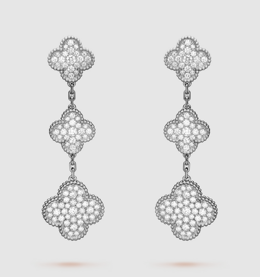 [Sophire Jewelry ]CLOVER 3 MOTIF DIAMOND SILVER DROP EARRINGS