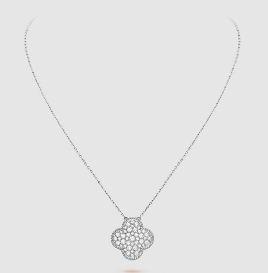 [Sophire Jewelry ]CLOVER 25MM LARGE PENDANT DIAMOND PAVED SILVER NECKLACE