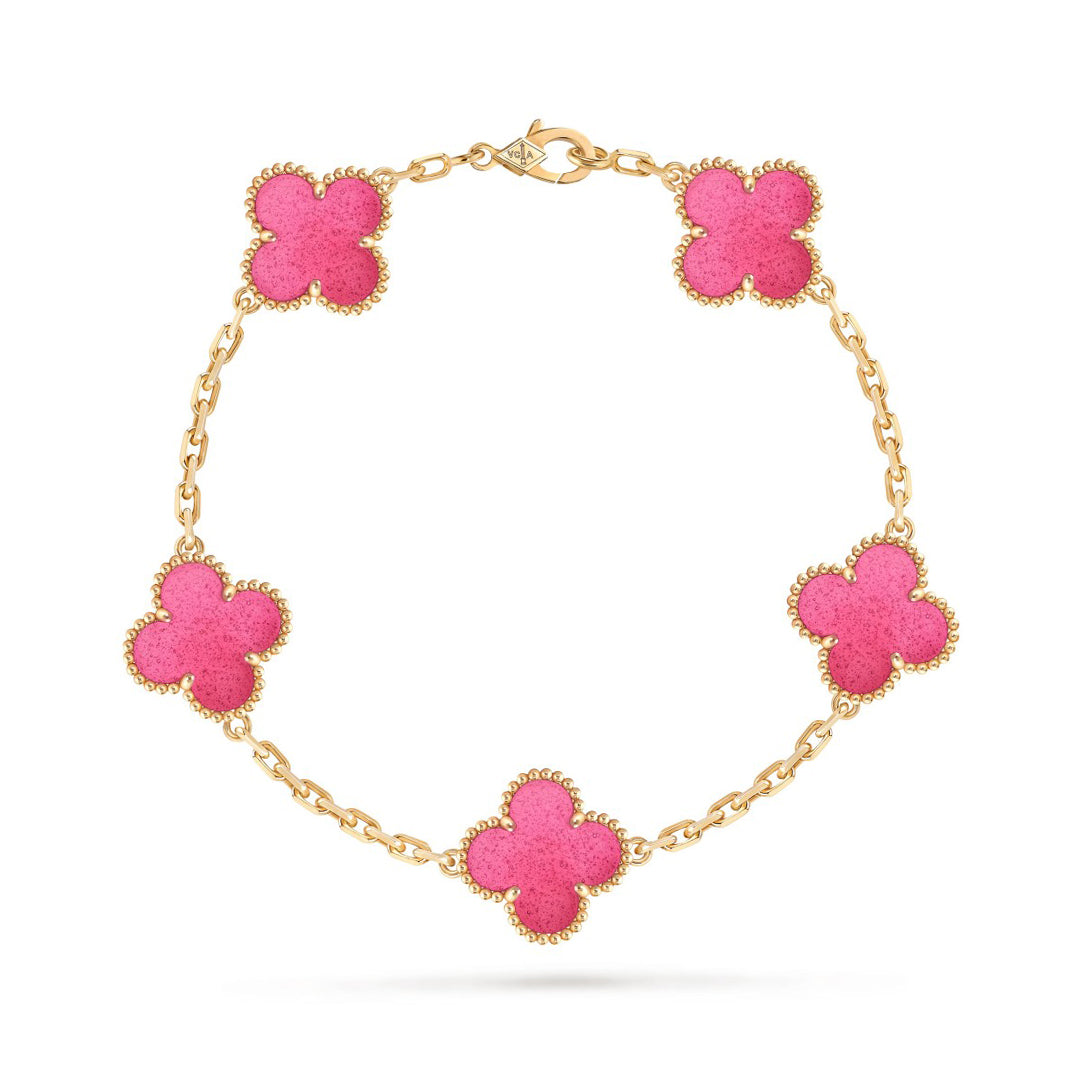 [Sophire  Jewelry]NEW CLOVER 5 MOTIFS PINK ENAMEL BRACELET