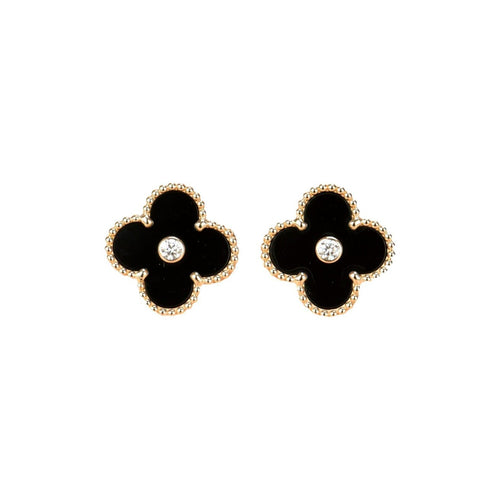 [Sophire Jewelry ]CLOVER MEDIUM 1 MOTIFS ONYX DIAMOND EARRINGS