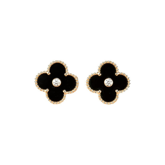 [Sophire Jewelry ]CLOVER MEDIUM 1 MOTIFS ONYX DIAMOND EARRINGS