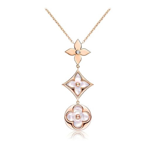 [Sophire]COLOR BLOSSOM LARIAT NECKLACE ROSE GOLD WHITE MOTHER PEARL AND DIAMOND