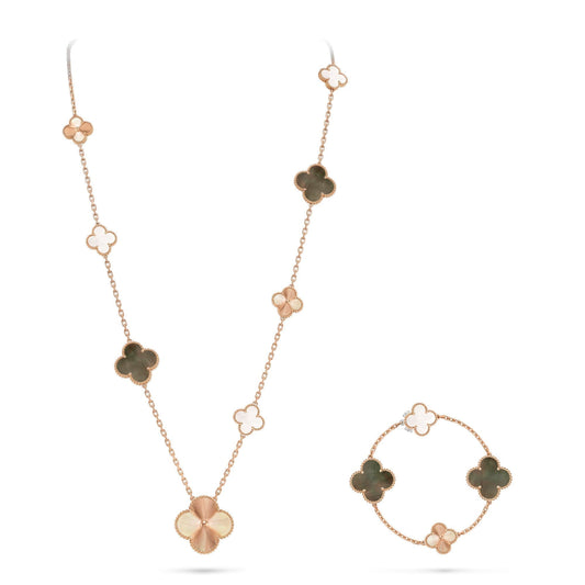 [Sophire]DETACHABLE 15-MOTIF CLOVER STATEMENT SET - GREY MOTHER-OF-PEARL & LASER