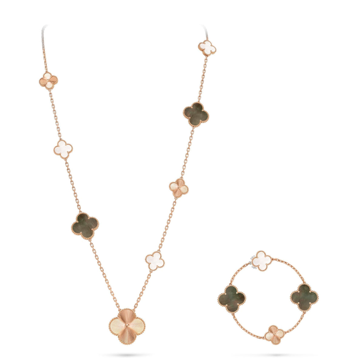 [Sophire Jewelry ]DETACHABLE CLOVER 15(11+4) FLOWER ROSE GOLD NECKLACE SET