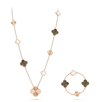 [Sophire Jewelry ]DETACHABLE CLOVER 15(11+4) FLOWER ROSE GOLD NECKLACE SET