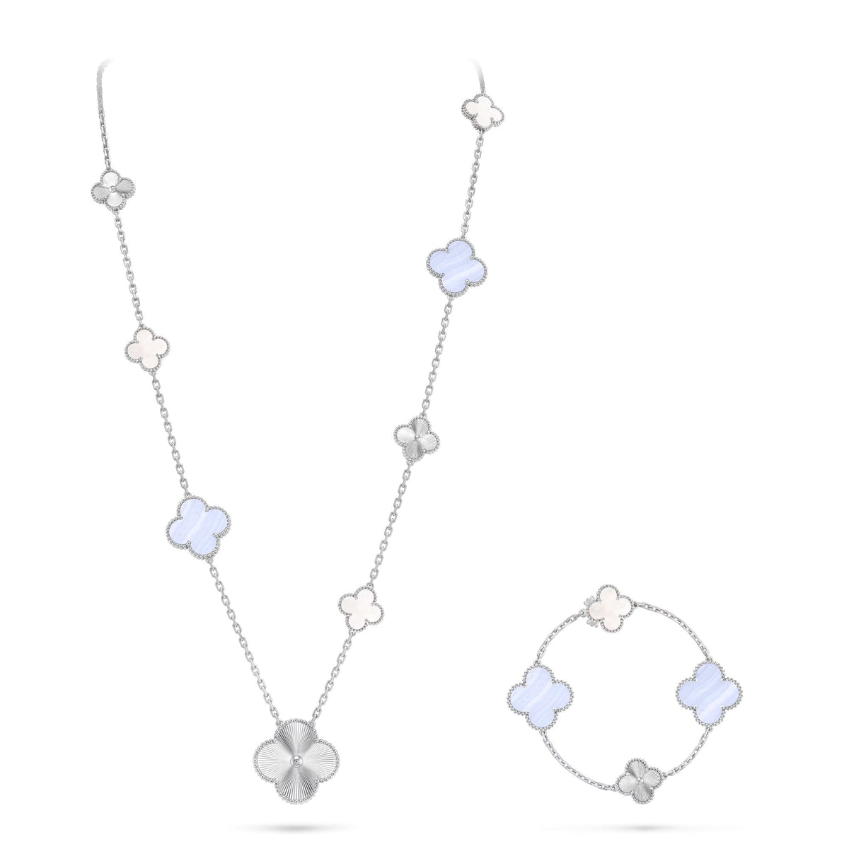 [Sophire Jewelry ]DETACHABLE CLOVER 15(11+4) FLOWER SILVER NECKLACE SET