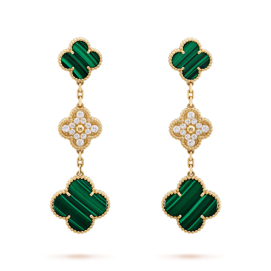 [Sophire Jewelry ]CLOVER EARRINGS GOLD MALACHITE DIAMOND 3 MOTIF