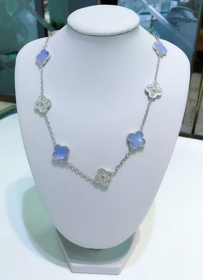 [Sophire Jewelry ]CLOVER 10 MOTIFS CHALCEDONY DIAMONDS SILVER NECKLACE