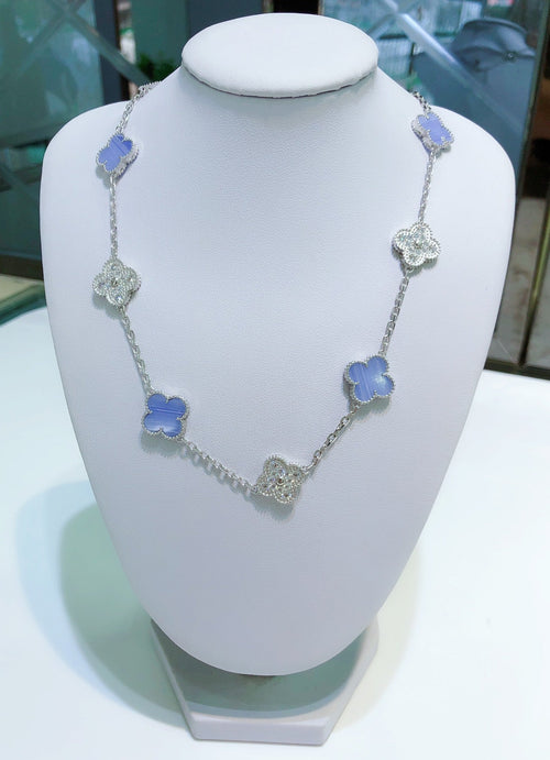 [Sophire Jewelry ]CLOVER 10 MOTIFS CHALCEDONY DIAMONDS SILVER NECKLACE