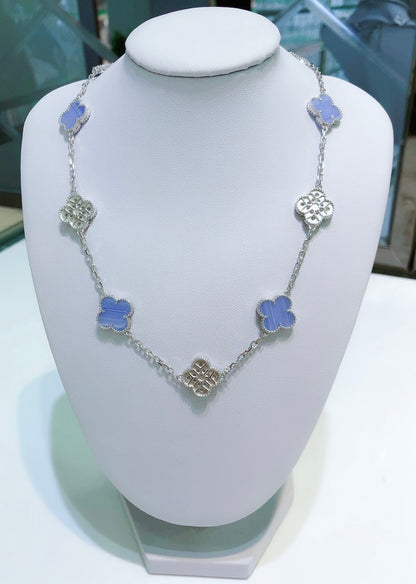 [Sophire Jewelry ]CLOVER 10 MOTIFS CHALCEDONY DIAMONDS SILVER NECKLACE