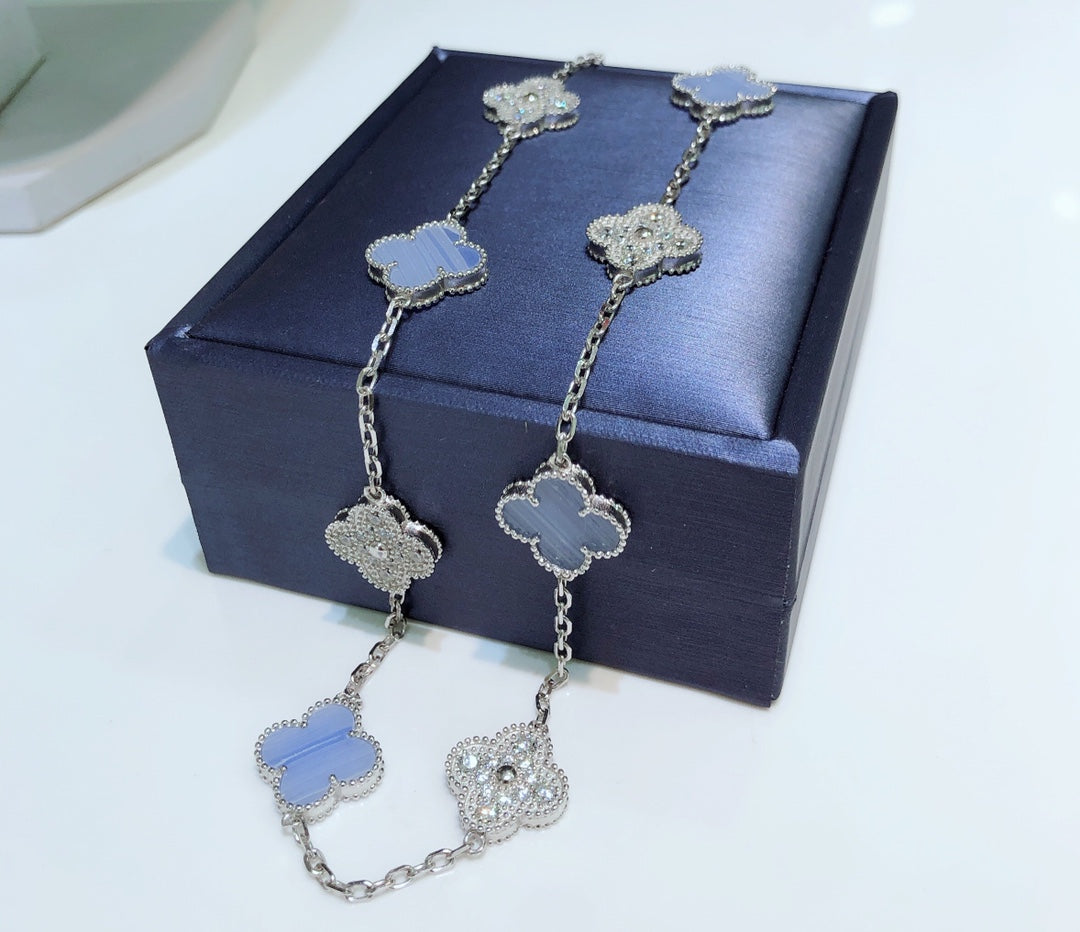[Sophire Jewelry ]CLOVER 10 MOTIFS CHALCEDONY DIAMONDS SILVER NECKLACE