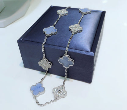 [Sophire Jewelry ]CLOVER 10 MOTIFS CHALCEDONY DIAMONDS SILVER NECKLACE