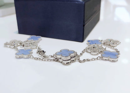 [Sophire Jewelry ]CLOVER 10 MOTIFS CHALCEDONY DIAMONDS SILVER NECKLACE